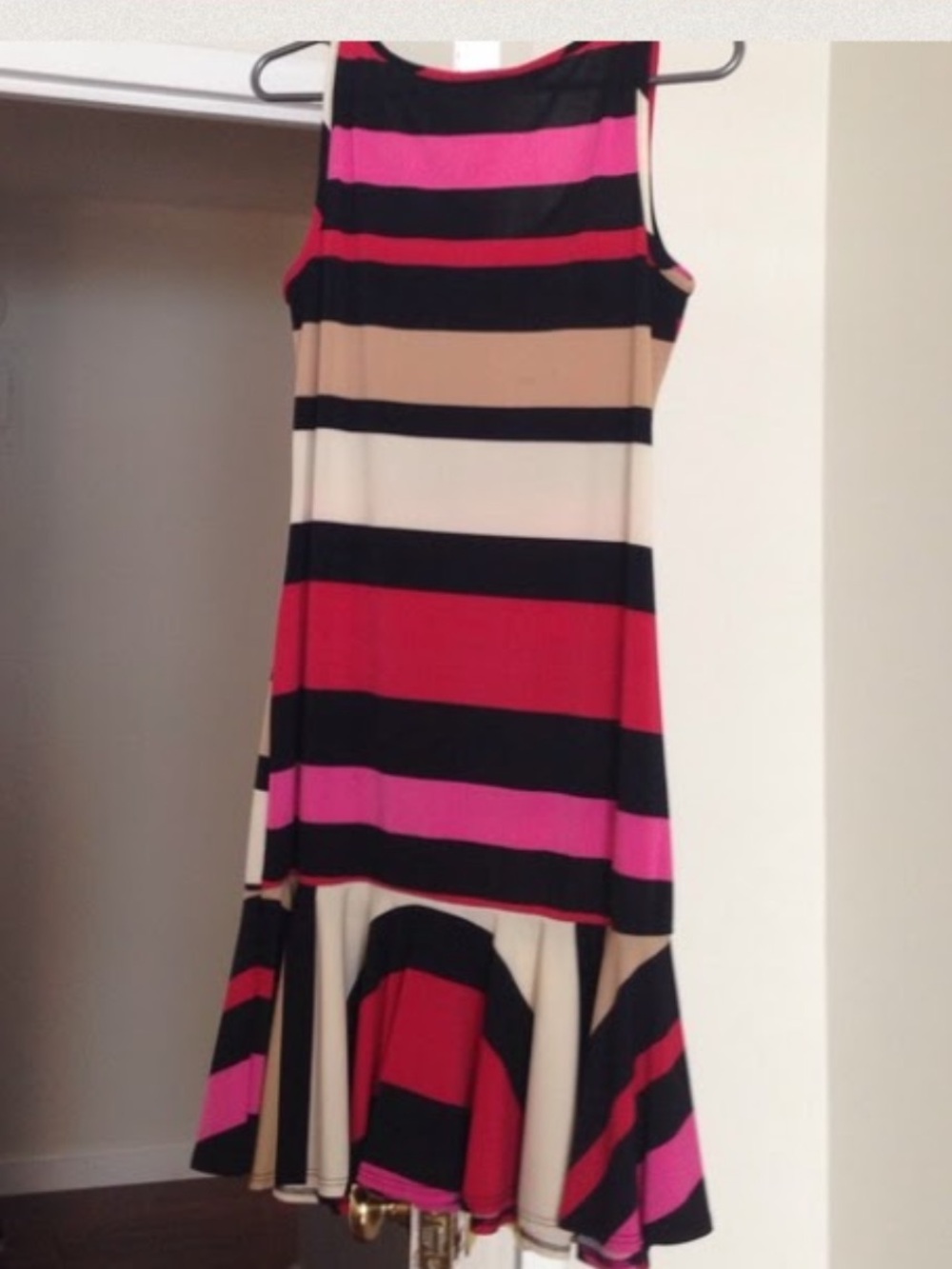 Striped Drop-Waist Sleeveless Flounce Hem Dress - Pink, Red, Black, Cream